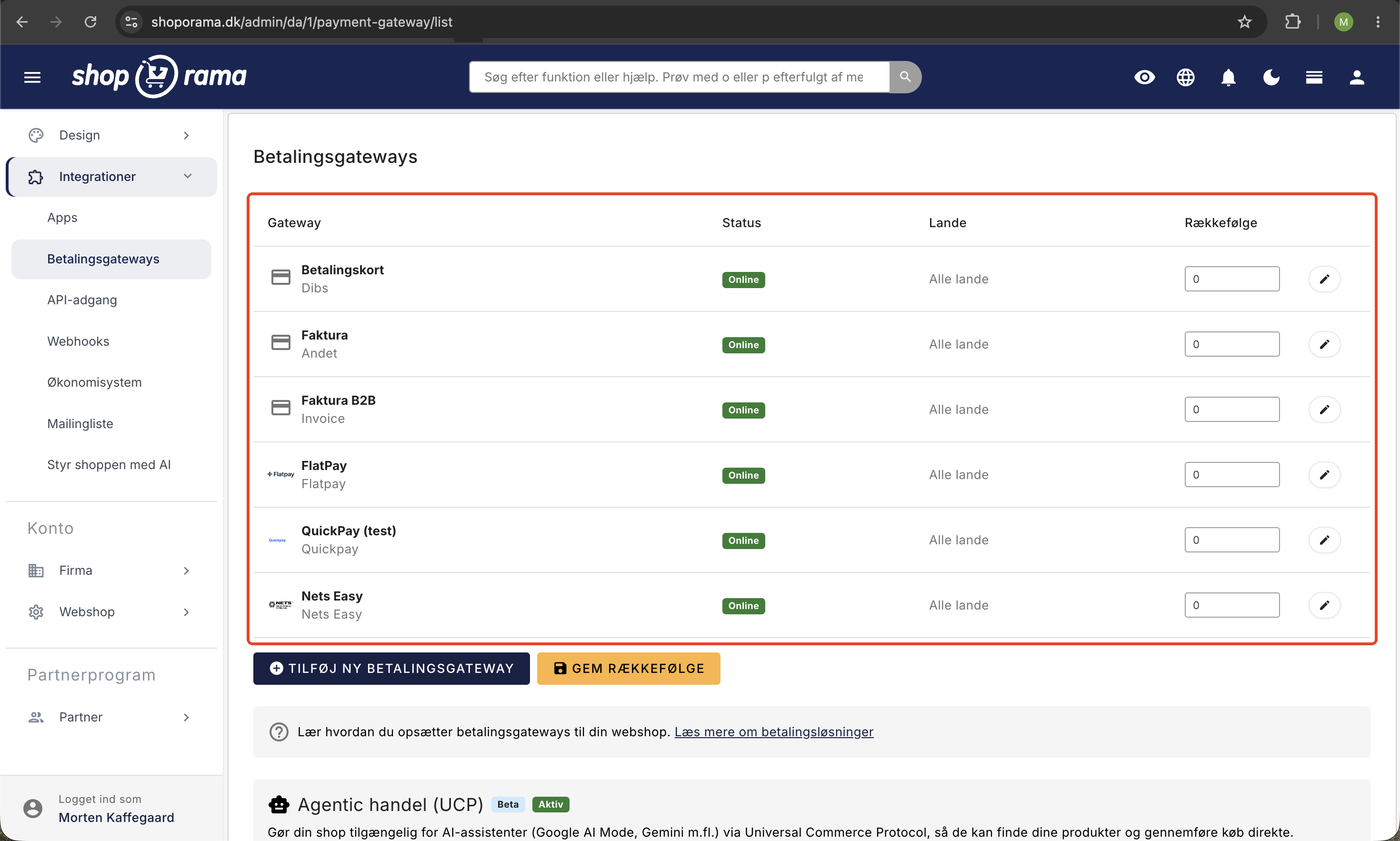 Betalingsgateways i Shoporama-admin under Integrationer med kolonnerne Gateway, Status, Lande, og Rækkefølge samt knap til at tilføje ny betalingsgateway
