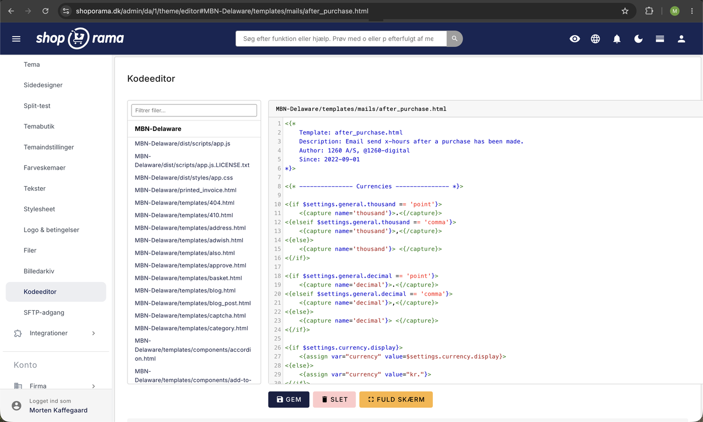 Kodeeditoren i Shoporama-admin med MBN-Delaware-temaets filer i venstre panel og HTML-koden for after_purchase.html åben til redigering til højre.