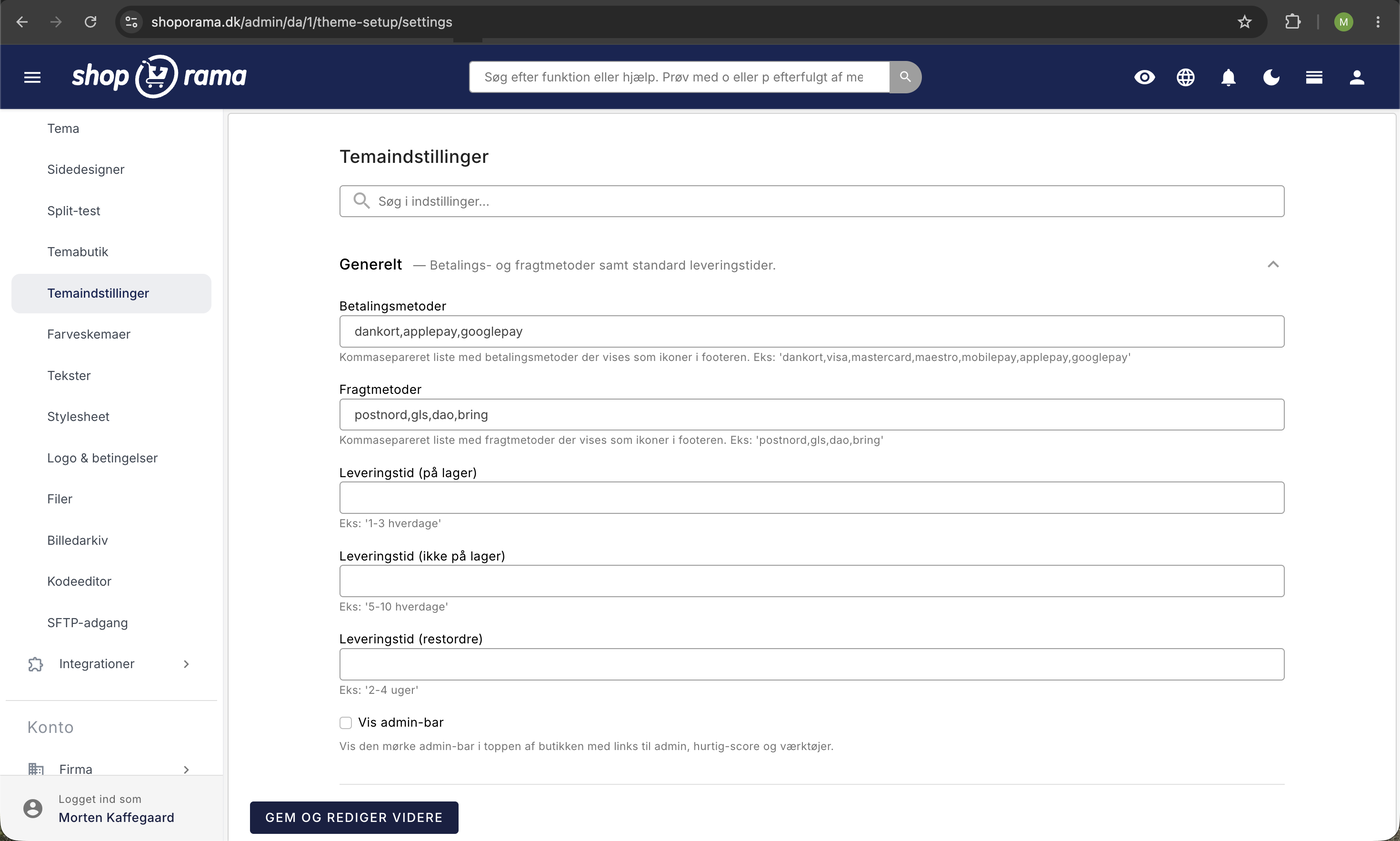 Temaindstillinger, sektionen Generelt med felter til betalingsmetoder, fragtmetoder, tre leveringstider, og en checkboks til admin-bar.