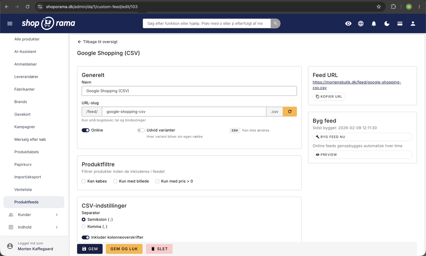 Opsætning af custom feed i Shoporama: navn, URL-slug, feed-URL med kopier-knap, produktfiltre, og CSV-indstillinger med separatorvalg